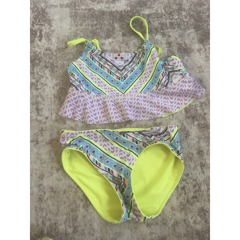 Justice Girls Bikini Set Size 8 Neon Tribal Print Ruffle Top Bright Summer Swim